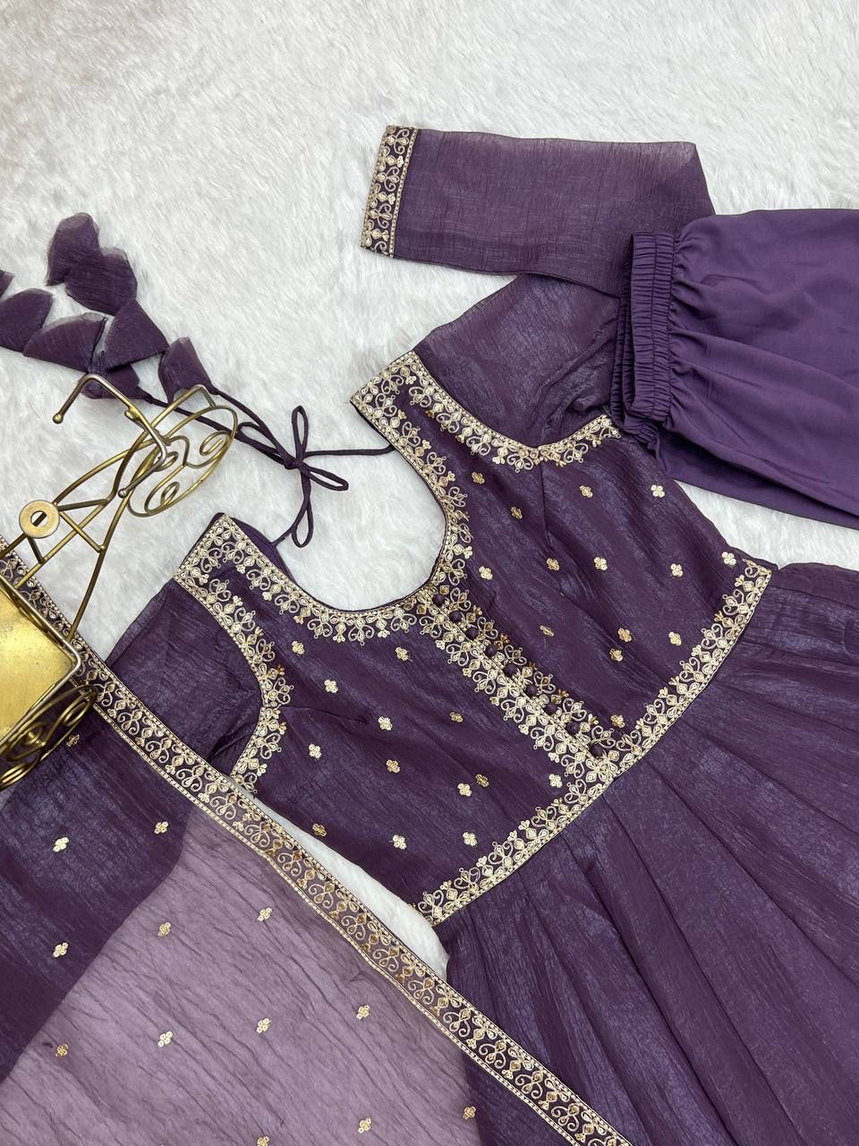 Premium Crunchy Silk Anarkali Set – Embroidered Gown with Potli Buttons & Sequence Work Dupatta