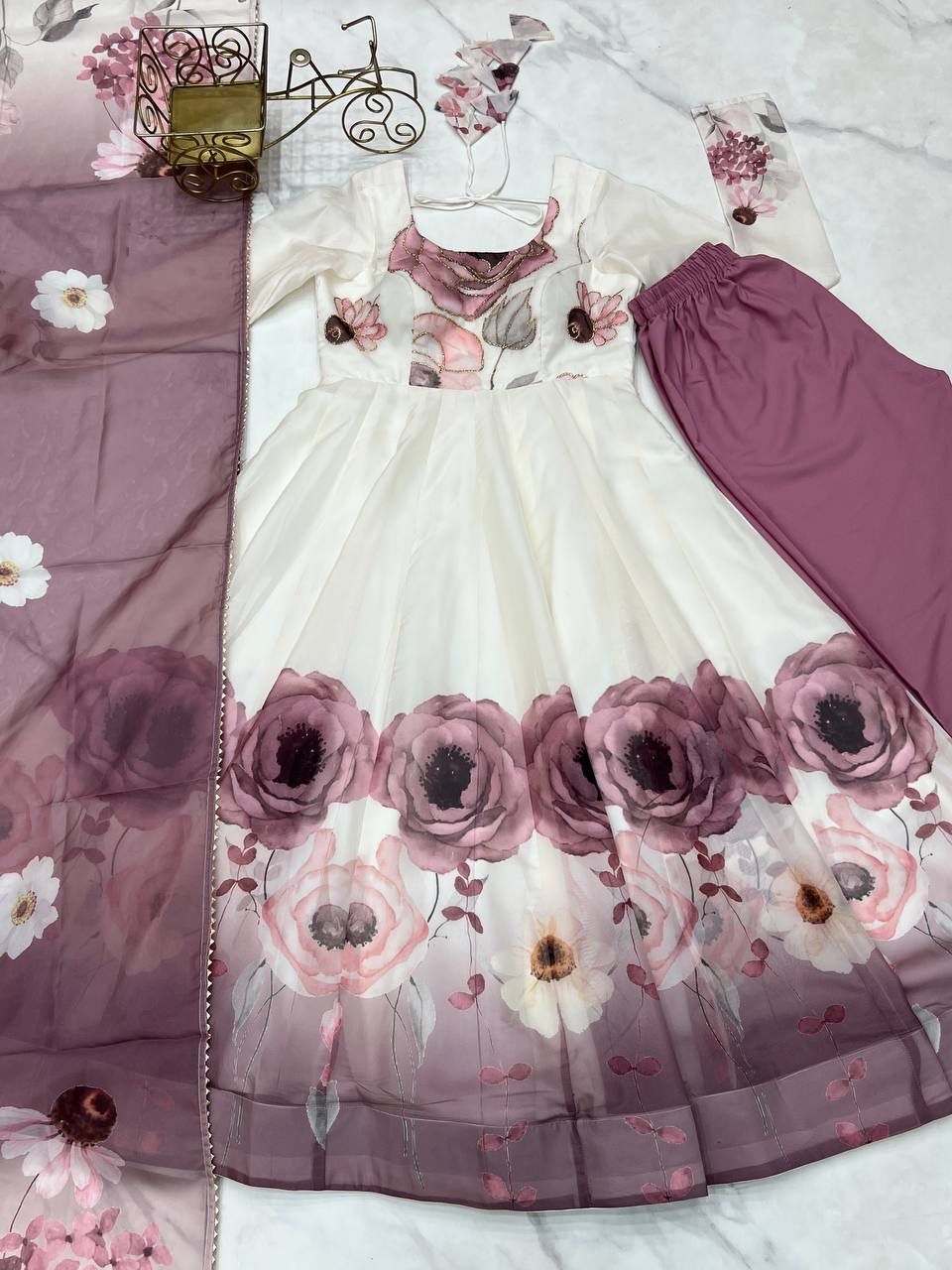 Onion Pink Floral Organza Anarkali Set – Badla Jari Handwork & Kali Cut Gown with Gota Patti Dupatta