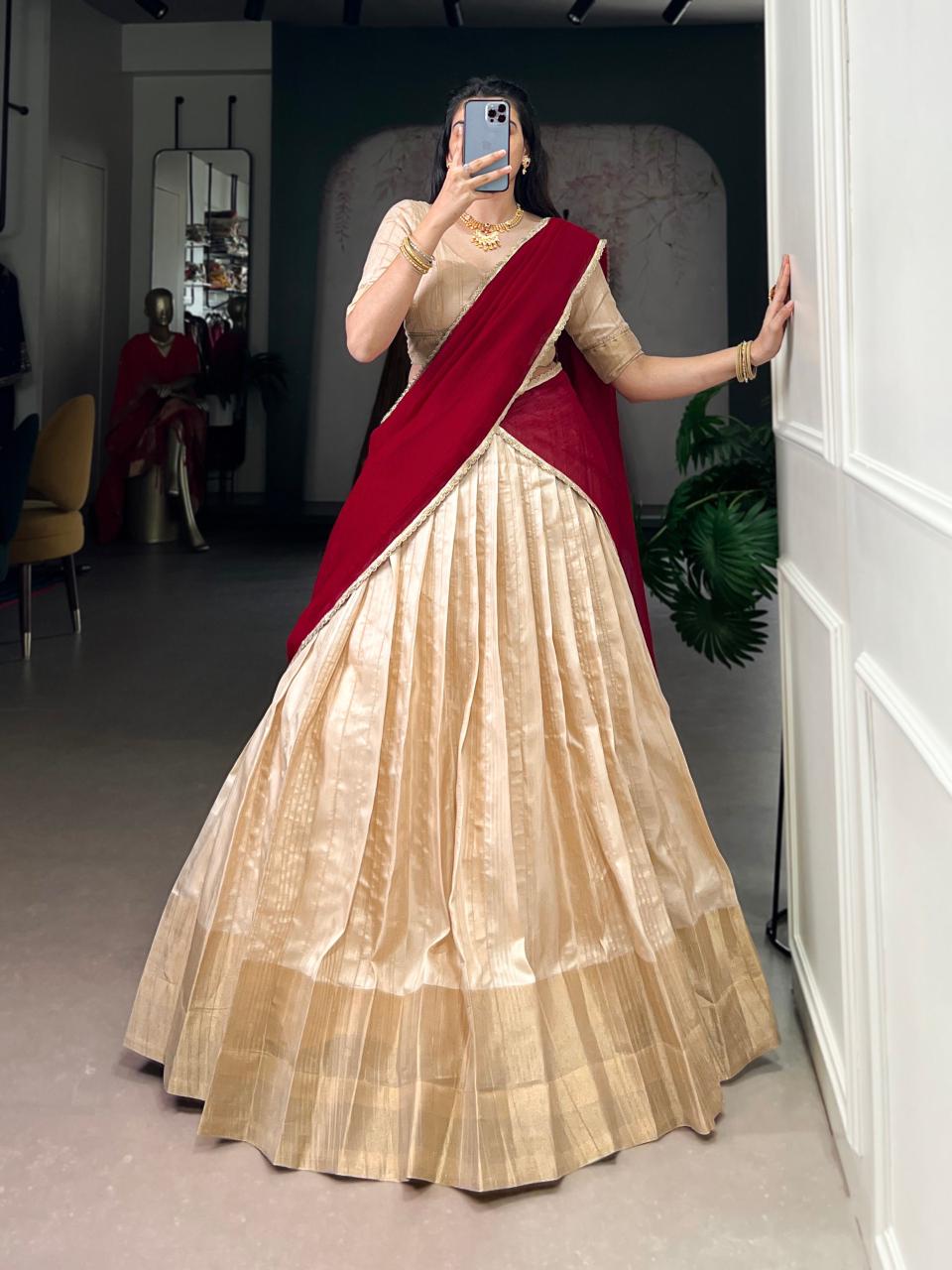 Handloom Zari Woven Lehenga Choli with Glossy Silver Dupatta