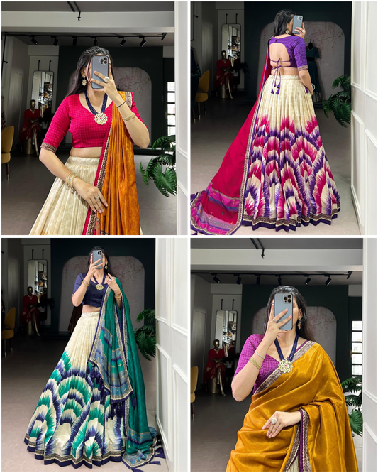 Anahitha Collection: Tasar Silk Tie-Dye Lehenga Choli with Lace Details