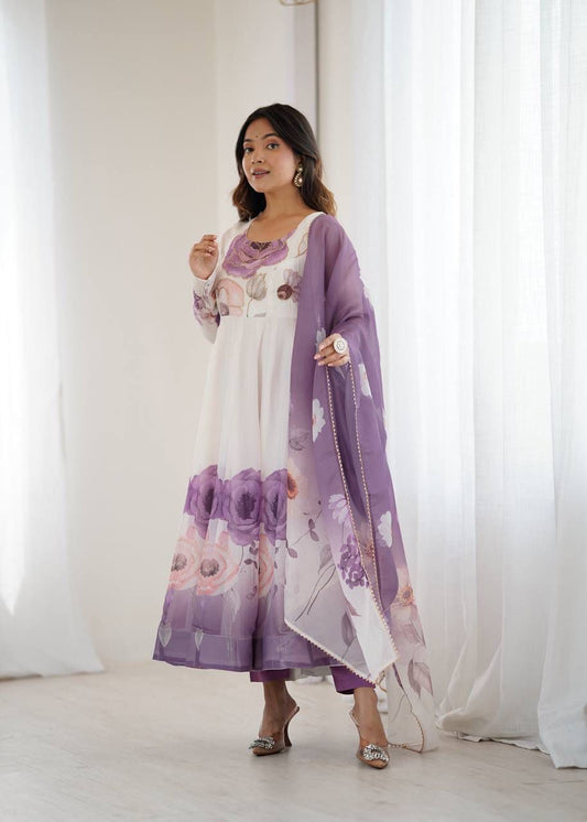 Violet Floral Organza Anarkali Set – Hand-Painted Effect with Badla Jari Work & 4m Kali Flare Gown