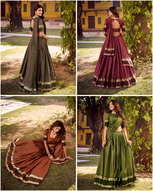 Swasthika Collection: Chettinad Cotton Zari Woven Lehenga Choli with Chex Pattern