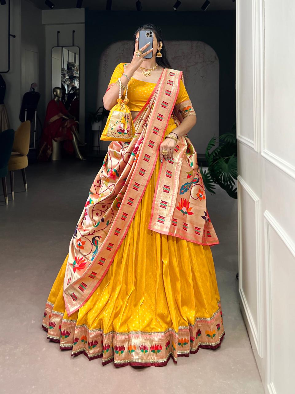 KAMKASHI Royal Silk Paithani Lehenga Choli – Zari Weaving Work with 4m Flair, Cancan & Matching Batwa
