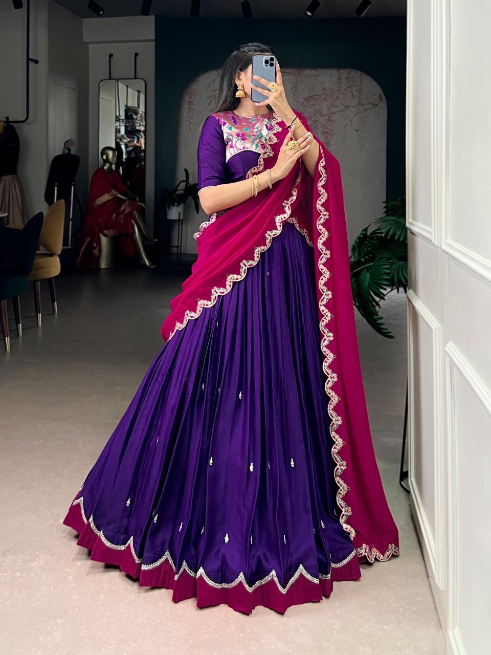 Naysha Silk Lehenga Choli – Sequins & Thread Embroidery with Vichitra Silk Dupatta (Cancan & Canvas Attached)