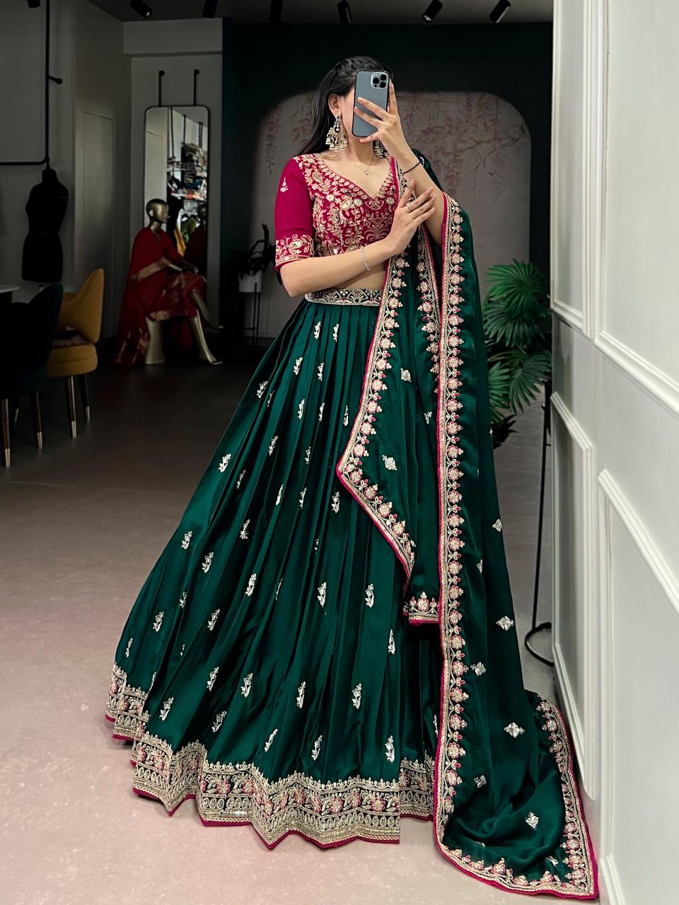 Marble Silk Lehenga Choli – 12 Meter Ultra-Flare with Gota Patti Lace & Bandhej Print Blouse