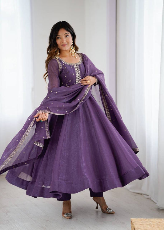 Premium Crunchy Silk Anarkali Set – Embroidered Gown with Potli Buttons & Sequence Work Dupatta