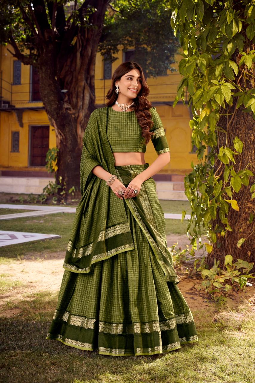 Swasthika Collection: Chettinad Cotton Zari Woven Lehenga Choli with Chex Pattern