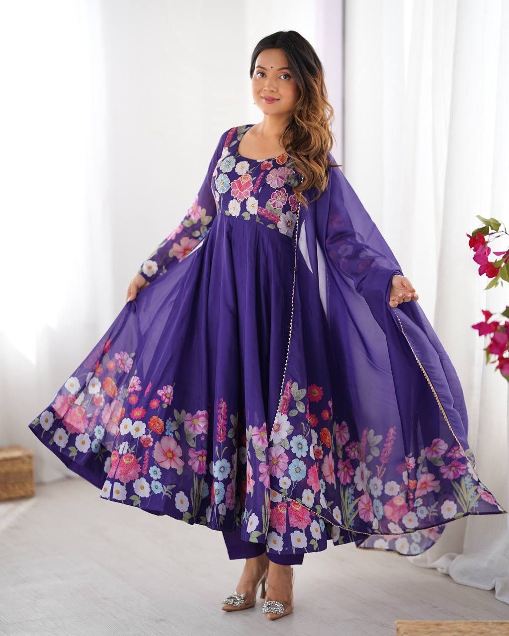 Floral Organza Silk Anarkali Set – Badla Jari Handwork & Kali Cut Gown in 7 Festive Colors