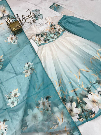Aqua Blue Floral Organza Anarkali Set – Hand-Detailed Badla Jari Gown with 4m Kali Flare & Gota Patti Dupatta