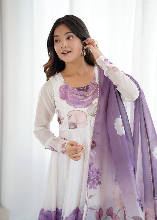 Violet Floral Organza Anarkali Set – Hand-Painted Effect with Badla Jari Work & 4m Kali Flare Gown