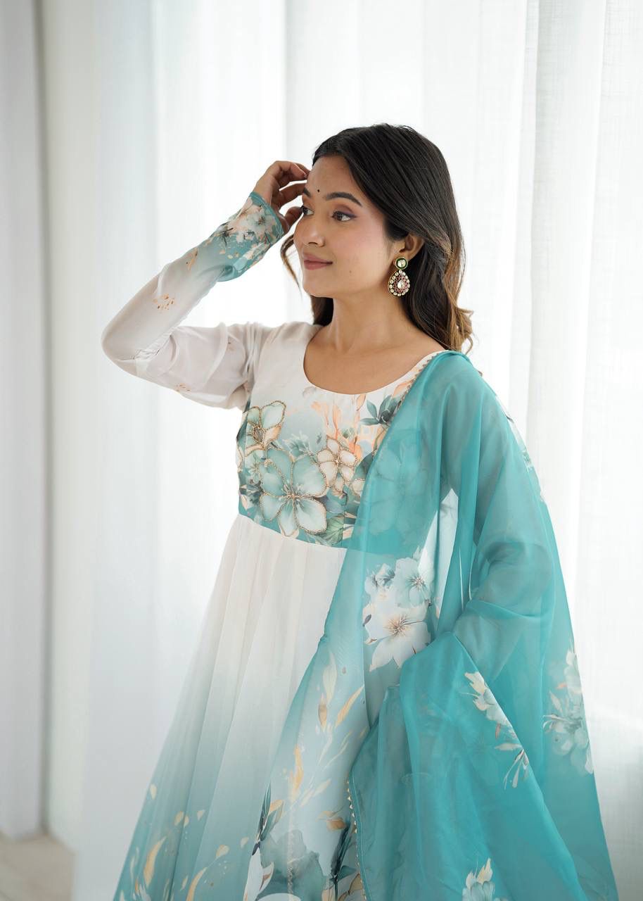 Aqua Blue Floral Organza Anarkali Set – Hand-Detailed Badla Jari Gown with 4m Kali Flare & Gota Patti Dupatta