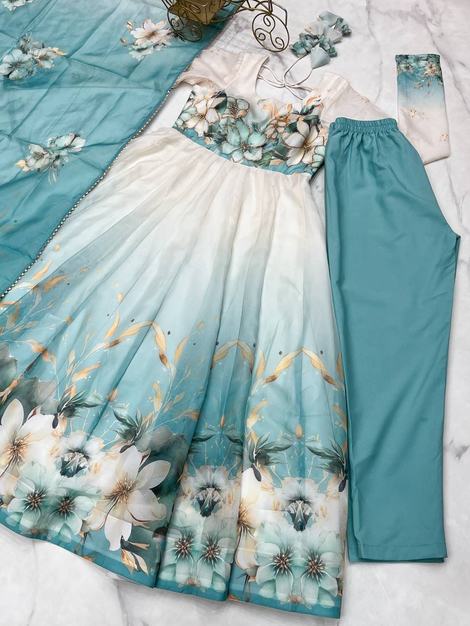 Aqua Blue Floral Organza Anarkali Set – Hand-Detailed Badla Jari Gown with 4m Kali Flare & Gota Patti Dupatta