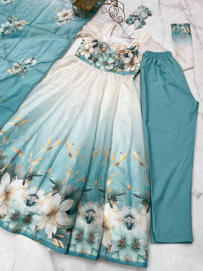 Aqua Blue Floral Organza Anarkali Set – Hand-Detailed Badla Jari Gown with 4m Kali Flare & Gota Patti Dupatta