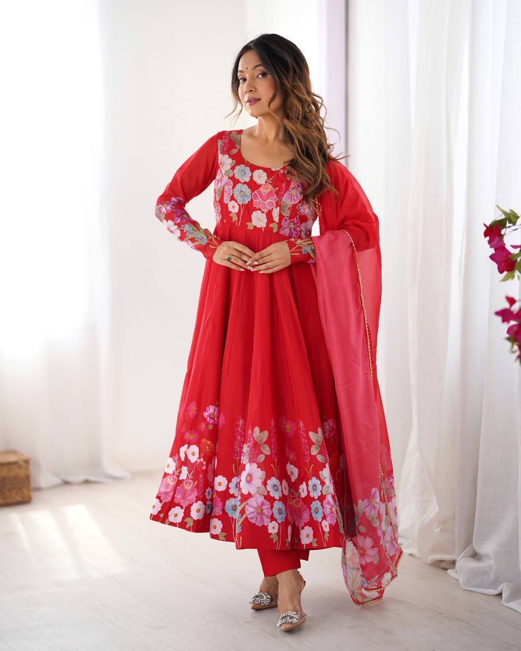 Floral Organza Silk Anarkali Set – Badla Jari Handwork & Kali Cut Gown in 7 Festive Colors