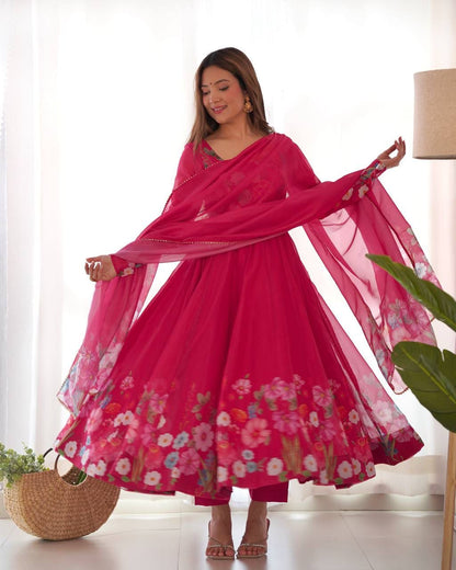 Floral Organza Silk Anarkali Set – Badla Jari Handwork & Kali Cut Gown in 7 Festive Colors