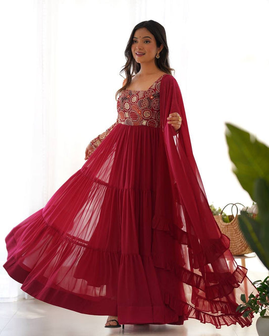 Heavy Fox Georgette Embroidered Anarkali Set – 8 Meter Full Flare Gown with Ruffle Dupatta & Pants