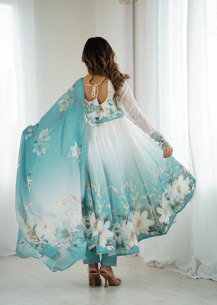 Aqua Blue Floral Organza Anarkali Set – Hand-Detailed Badla Jari Gown with 4m Kali Flare & Gota Patti Dupatta