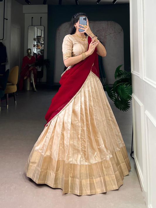 Handloom Zari Woven Lehenga Choli with Glossy Silver Dupatta