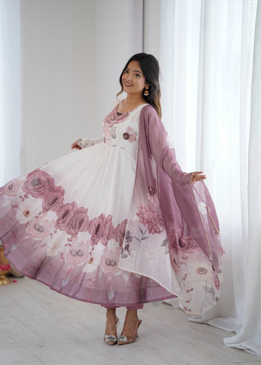 Onion Pink Floral Organza Anarkali Set – Badla Jari Handwork & Kali Cut Gown with Gota Patti Dupatta