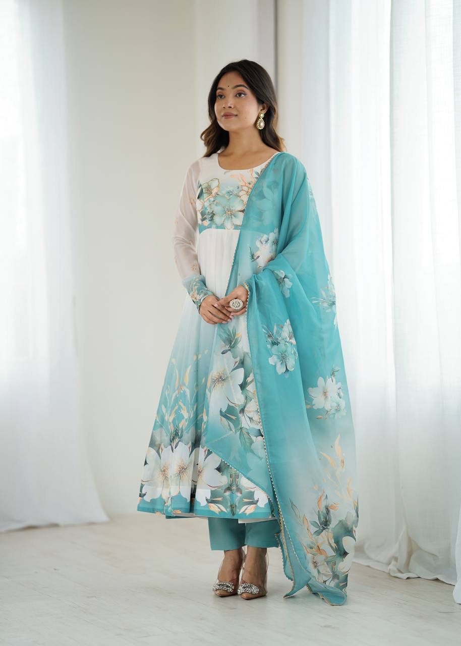Aqua Blue Floral Organza Anarkali Set – Hand-Detailed Badla Jari Gown with 4m Kali Flare & Gota Patti Dupatta
