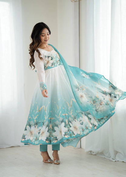 Aqua Blue Floral Organza Anarkali Set – Hand-Detailed Badla Jari Gown with 4m Kali Flare & Gota Patti Dupatta