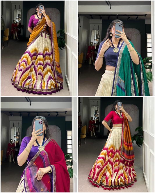 Anahitha Collection: Tasar Silk Tie-Dye Lehenga Choli with Lace Details