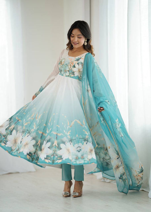 Aqua Blue Floral Organza Anarkali Set – Hand-Detailed Badla Jari Gown with 4m Kali Flare & Gota Patti Dupatta