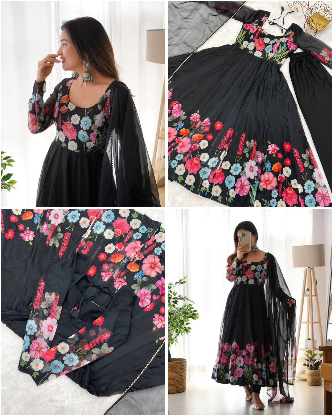 Floral Organza Silk Anarkali Set – Badla Jari Handwork & Kali Cut Gown in 7 Festive Colors