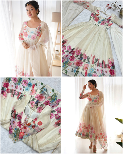 Floral Organza Silk Anarkali Set – Badla Jari Handwork & Kali Cut Gown in 7 Festive Colors