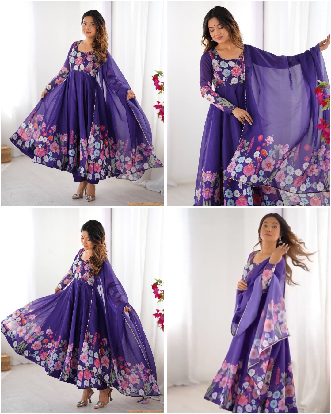 Floral Organza Silk Anarkali Set – Badla Jari Handwork & Kali Cut Gown in 7 Festive Colors