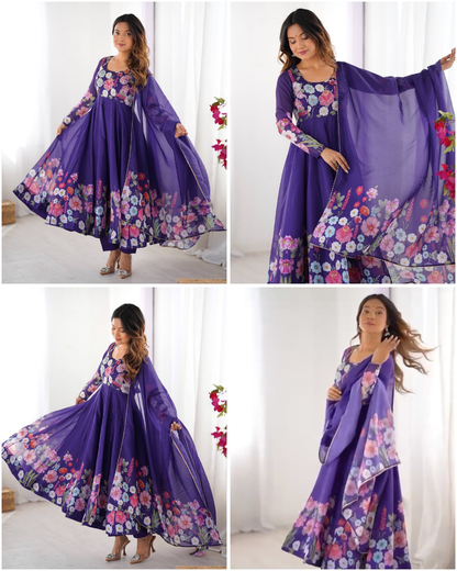 Floral Organza Silk Anarkali Set – Badla Jari Handwork & Kali Cut Gown in 7 Festive Colors