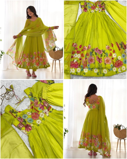 Floral Organza Silk Anarkali Set – Badla Jari Handwork & Kali Cut Gown in 7 Festive Colors