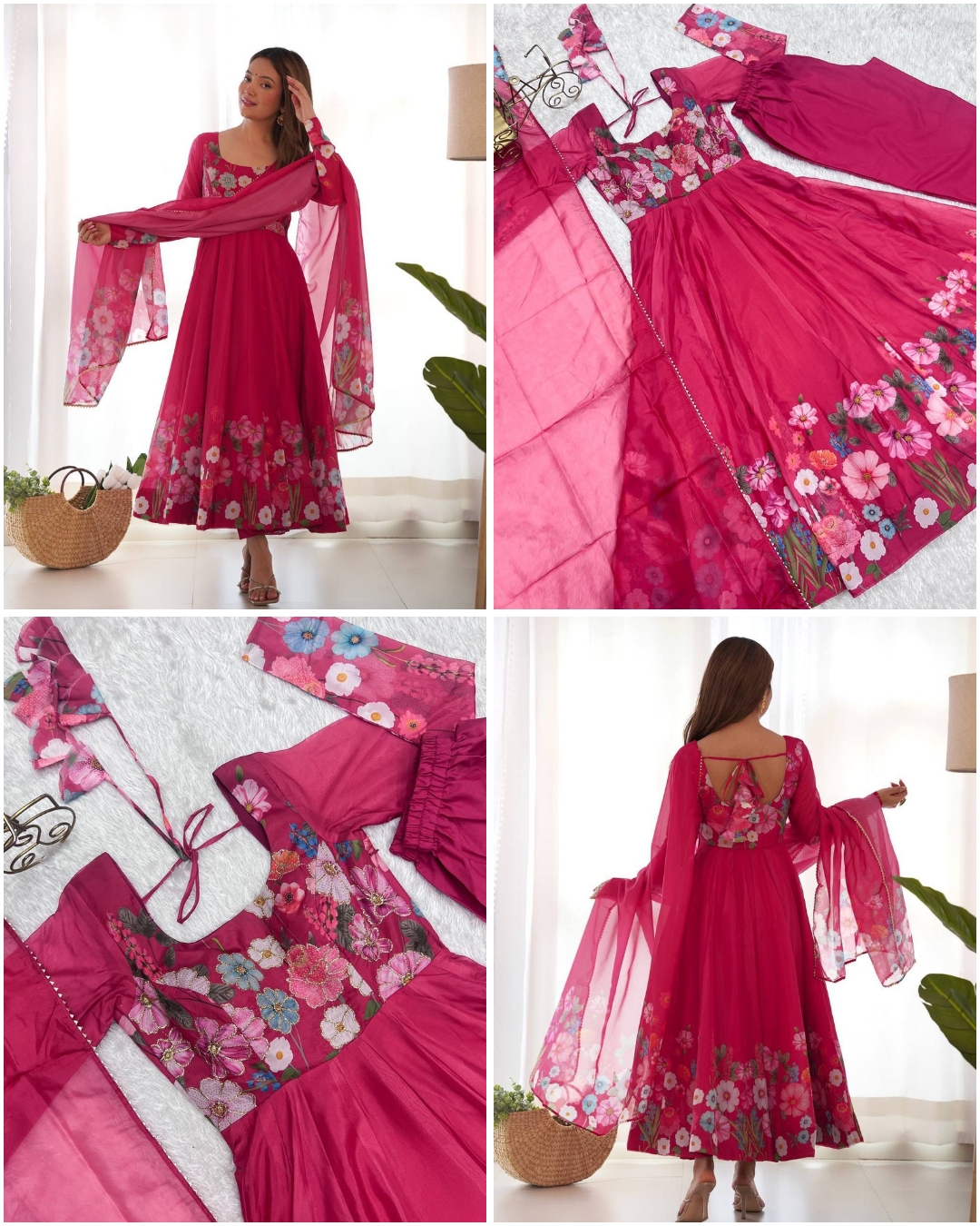Floral Organza Silk Anarkali Set – Badla Jari Handwork & Kali Cut Gown in 7 Festive Colors