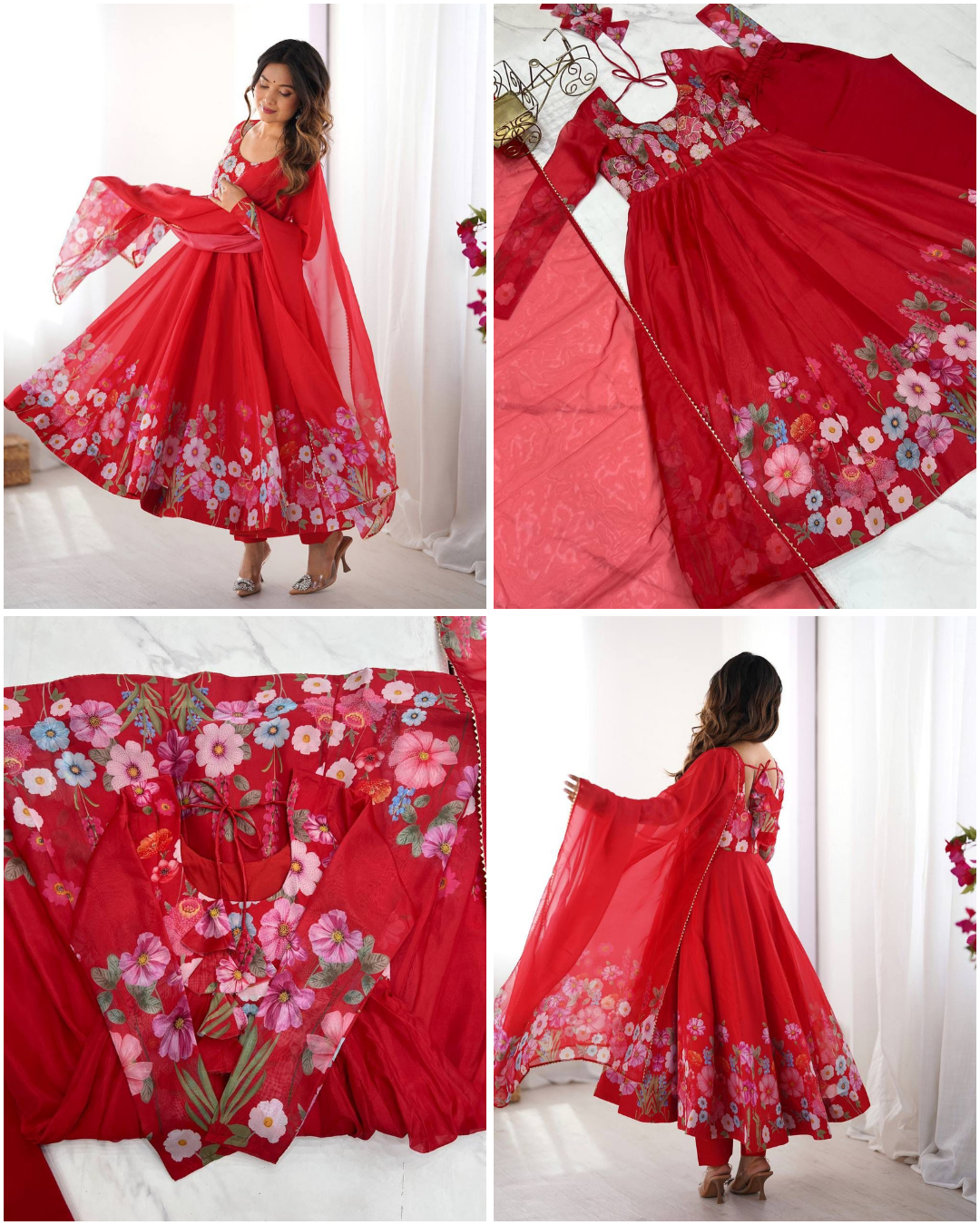 Floral Organza Silk Anarkali Set – Badla Jari Handwork & Kali Cut Gown in 7 Festive Colors
