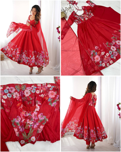 Floral Organza Silk Anarkali Set – Badla Jari Handwork & Kali Cut Gown in 7 Festive Colors