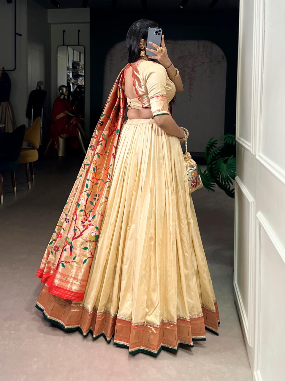 KAMKASHI Royal Silk Paithani Lehenga Choli – Zari Weaving Work with 4m Flair, Cancan & Matching Batwa