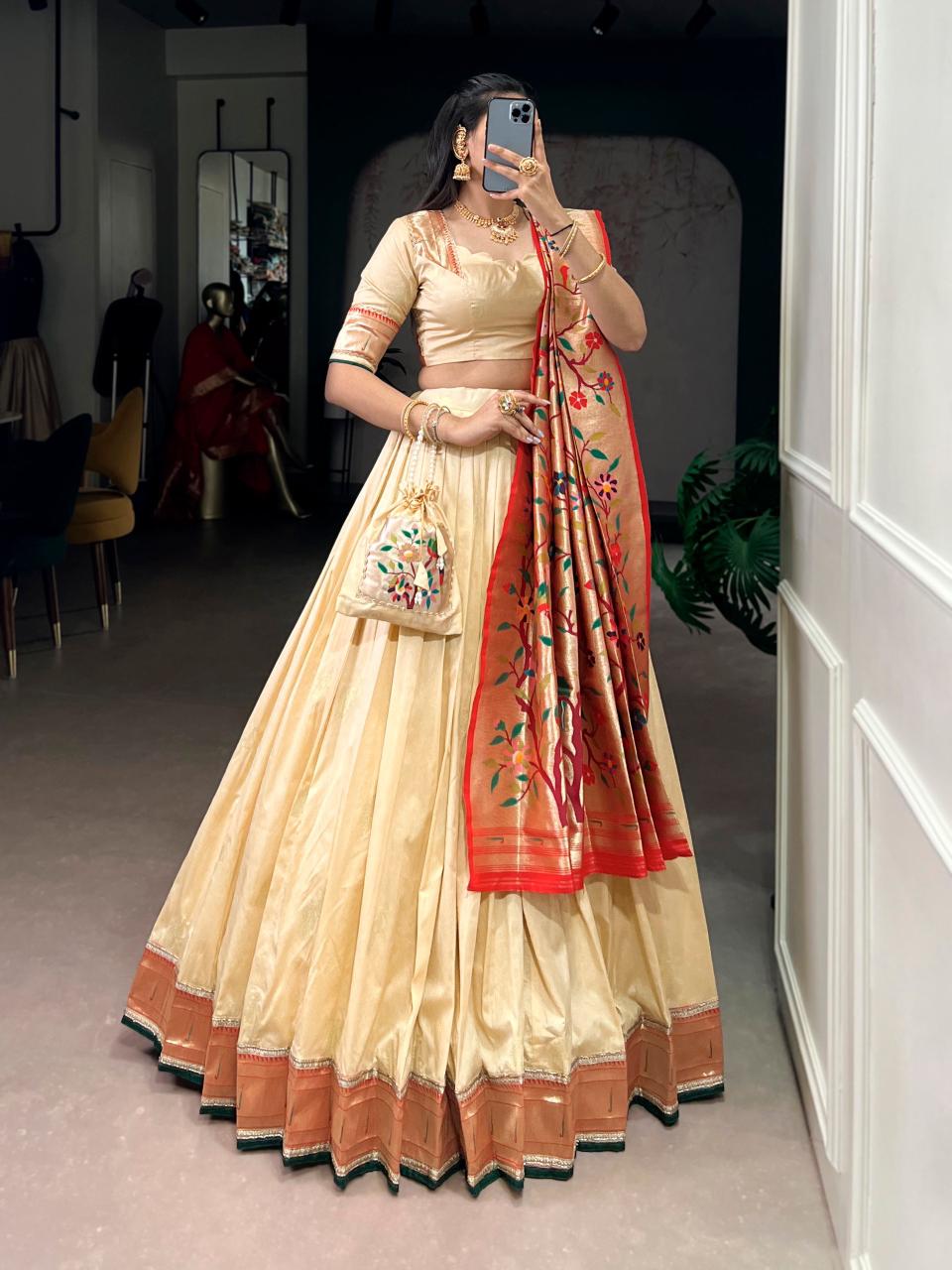 KAMKASHI Royal Silk Paithani Lehenga Choli – Zari Weaving Work with 4m Flair, Cancan & Matching Batwa