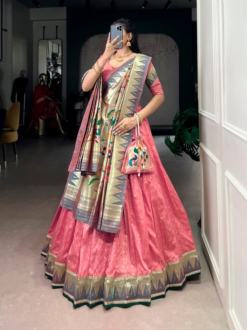 KAMKASHI Royal Silk Paithani Lehenga Choli – Zari Weaving Work with 4m Flair, Cancan & Matching Batwa