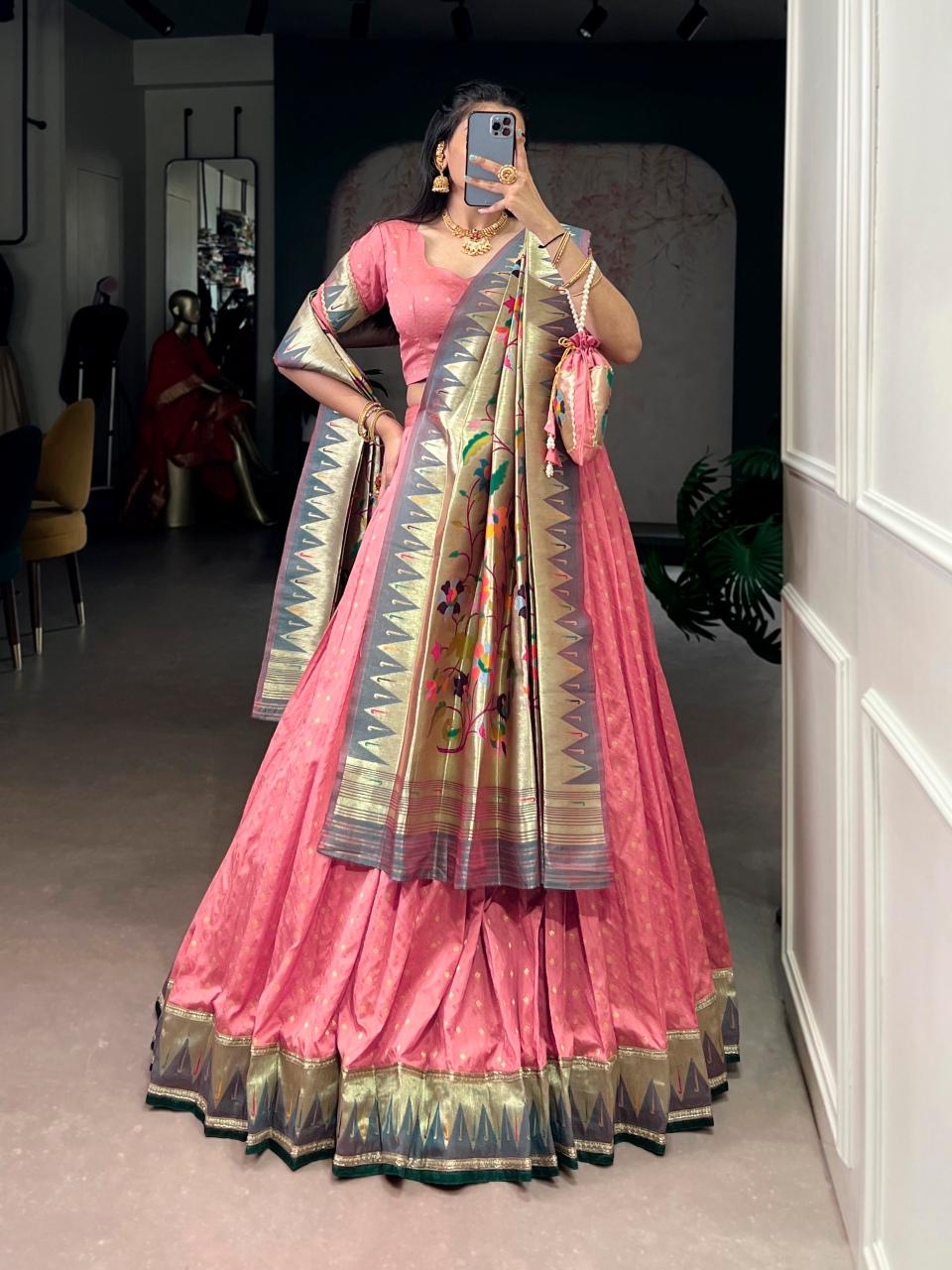 KAMKASHI Royal Silk Paithani Lehenga Choli – Zari Weaving Work with 4m Flair, Cancan & Matching Batwa