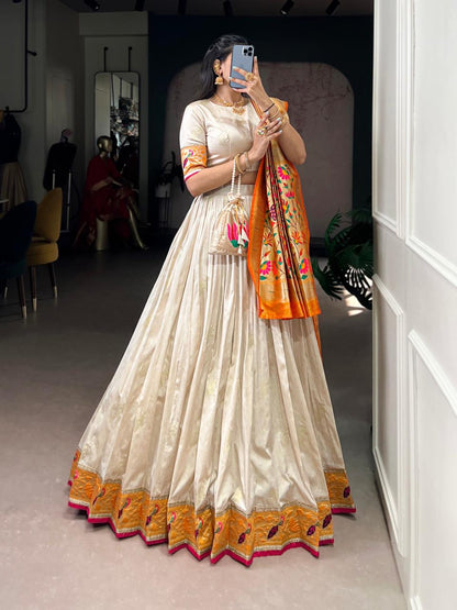 KAMKASHI Royal Silk Paithani Lehenga Choli – Zari Weaving Work with 4m Flair, Cancan & Matching Batwa