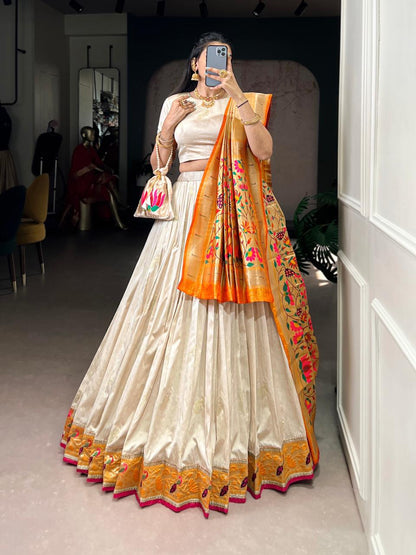 KAMKASHI Royal Silk Paithani Lehenga Choli – Zari Weaving Work with 4m Flair, Cancan & Matching Batwa
