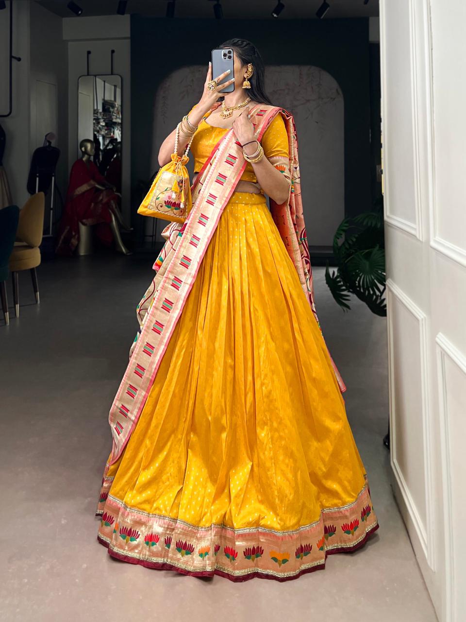 KAMKASHI Royal Silk Paithani Lehenga Choli – Zari Weaving Work with 4m Flair, Cancan & Matching Batwa