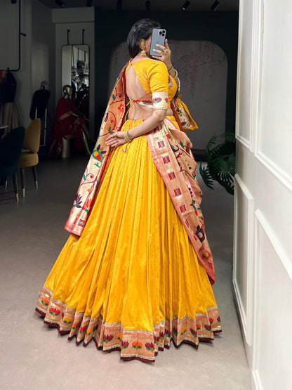 KAMKASHI Royal Silk Paithani Lehenga Choli – Zari Weaving Work with 4m Flair, Cancan & Matching Batwa