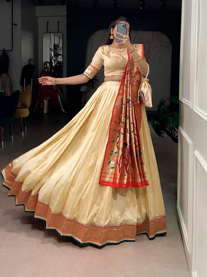 KAMKASHI Royal Silk Paithani Lehenga Choli – Zari Weaving Work with 4m Flair, Cancan & Matching Batwa