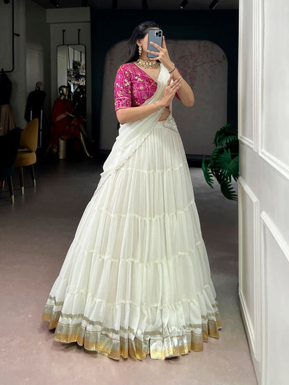 Marble Silk Lehenga – 12 Meter Ultra-Flare with Gota Patti Lace & Bandhej Print Blouse