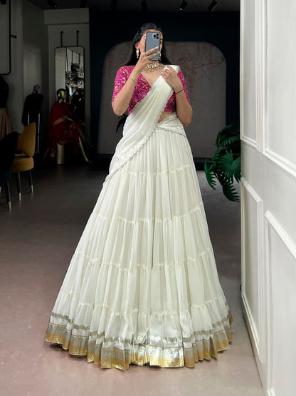 Marble Silk Lehenga – 12 Meter Ultra-Flare with Gota Patti Lace & Bandhej Print Blouse