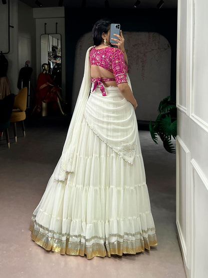 Marble Silk Lehenga – 12 Meter Ultra-Flare with Gota Patti Lace & Bandhej Print Blouse