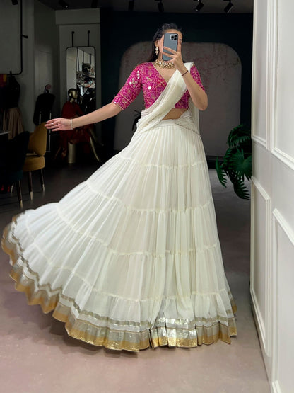 Marble Silk Lehenga – 12 Meter Ultra-Flare with Gota Patti Lace & Bandhej Print Blouse