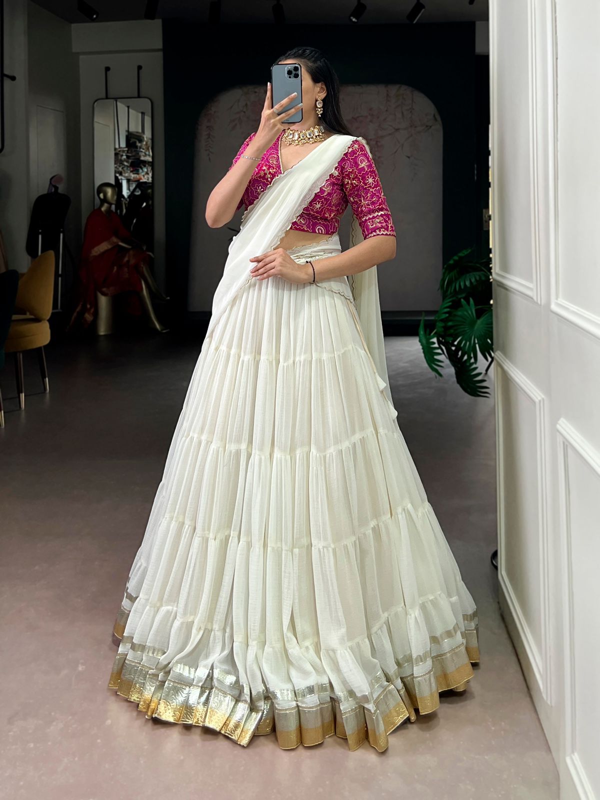 Marble Silk Lehenga – 12 Meter Ultra-Flare with Gota Patti Lace & Bandhej Print Blouse