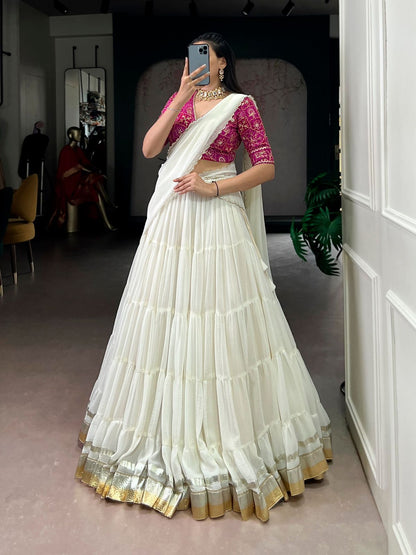 Marble Silk Lehenga – 12 Meter Ultra-Flare with Gota Patti Lace & Bandhej Print Blouse